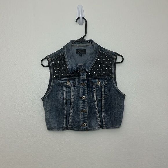 Chiqle Denim Architect Studded Jeweled Button Up Cropped Vest Sz Large - Picture 2 of 9
